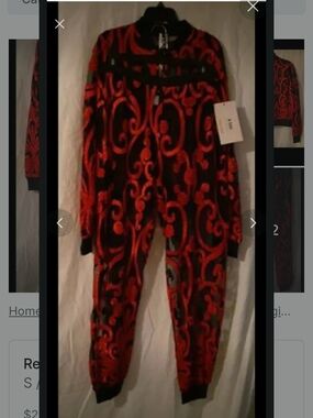 Source Unknown Red and Black Scroll-Pattern Jumpsuit
